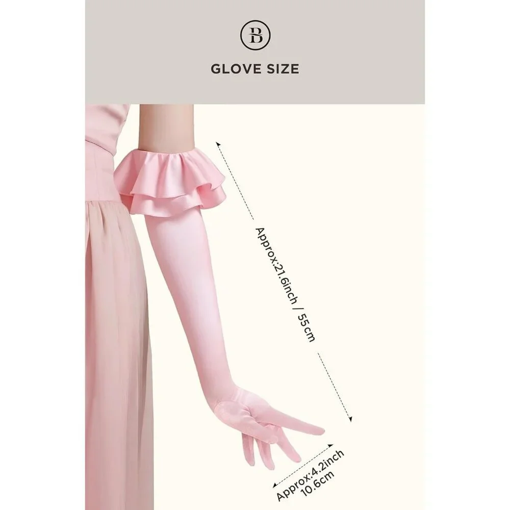 Women's Pink Long Satin Ruffle Cuff Stretchy Sleeves Gloves Wedding Costume